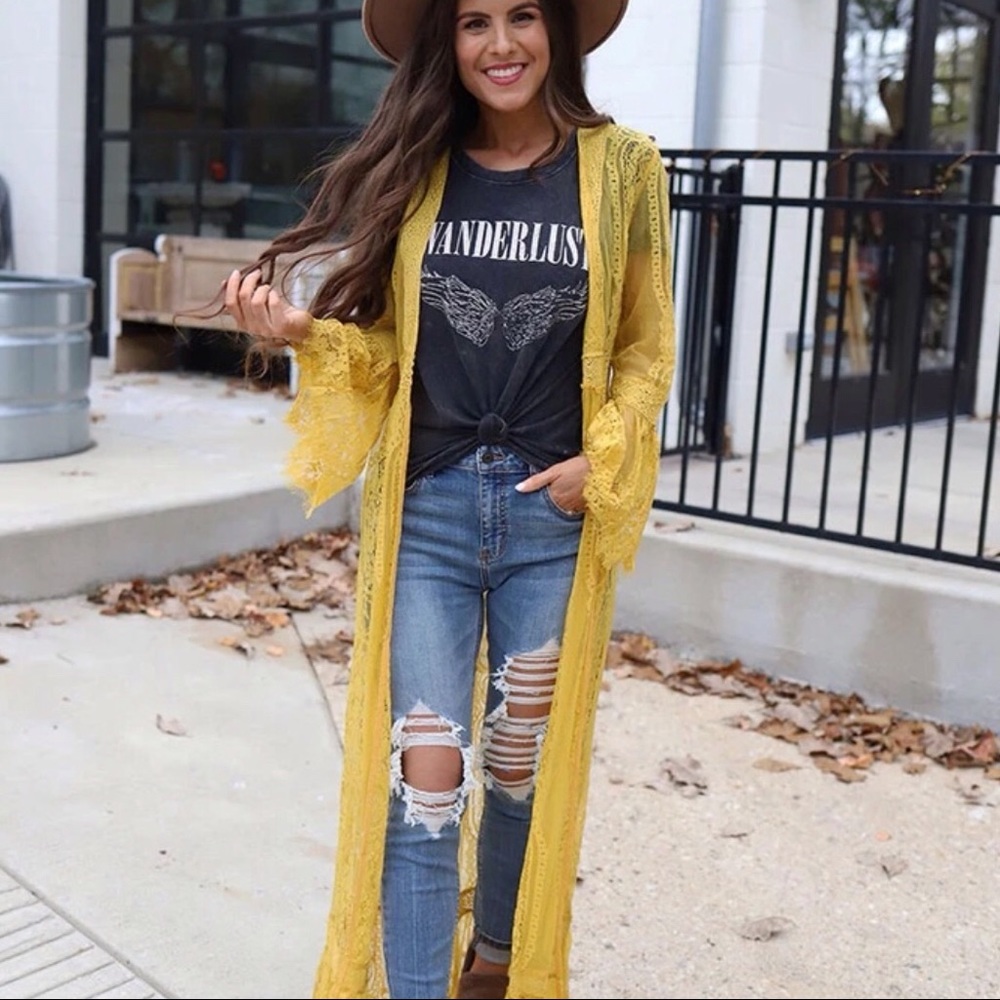 Bohemian Lace Bell Sleeve Kimono Duster- Mustard